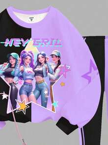 Young Girl Round Neck Letter Cartoon Print Long Sleeve Sweatshirt And Flared Autumn Pants Casual Daily Outfit Set - Multicolor - View 5