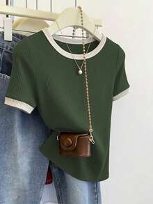 Elenzga Kaos Kasual Wanita Lengan Pendek Leher Bulat Potongan Slim Fit - Dark Green - View 4
