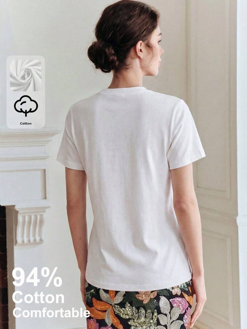 Anewsta 94 Cotton Elegant Women's T-Shirt, Minimalist Commuting Casual Short Sleeve Round Neck Embellished With Sequin Embroidery, White Floral Tea Party