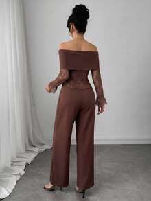 Modelyn French Style Off-Shoulder Square Neck Lace Patchwork Asymmetrical Long Sleeve Cropped Top & Wide Leg Trousers Women's High-End Elegant Slimming Suit Set - Brown - View 6