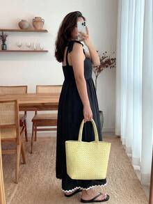 Enliva Plus-Size Women's Sleeveless Color Block Midi Dress Chic Summer Vacation Casual, For Apple And Rounded Body Shape - Black - View 2