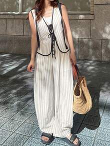 FRIFUL Damen-Set mit figurbetonter Weste mit Bindung und offener Front sowie weiten Hosen, gestreifter Leinenstoff für den ganzen Körper, elastischer Bund, Urlaubsstil, Sommer, Schwarz und Weiß, lässig - Khaki - Übersicht 1