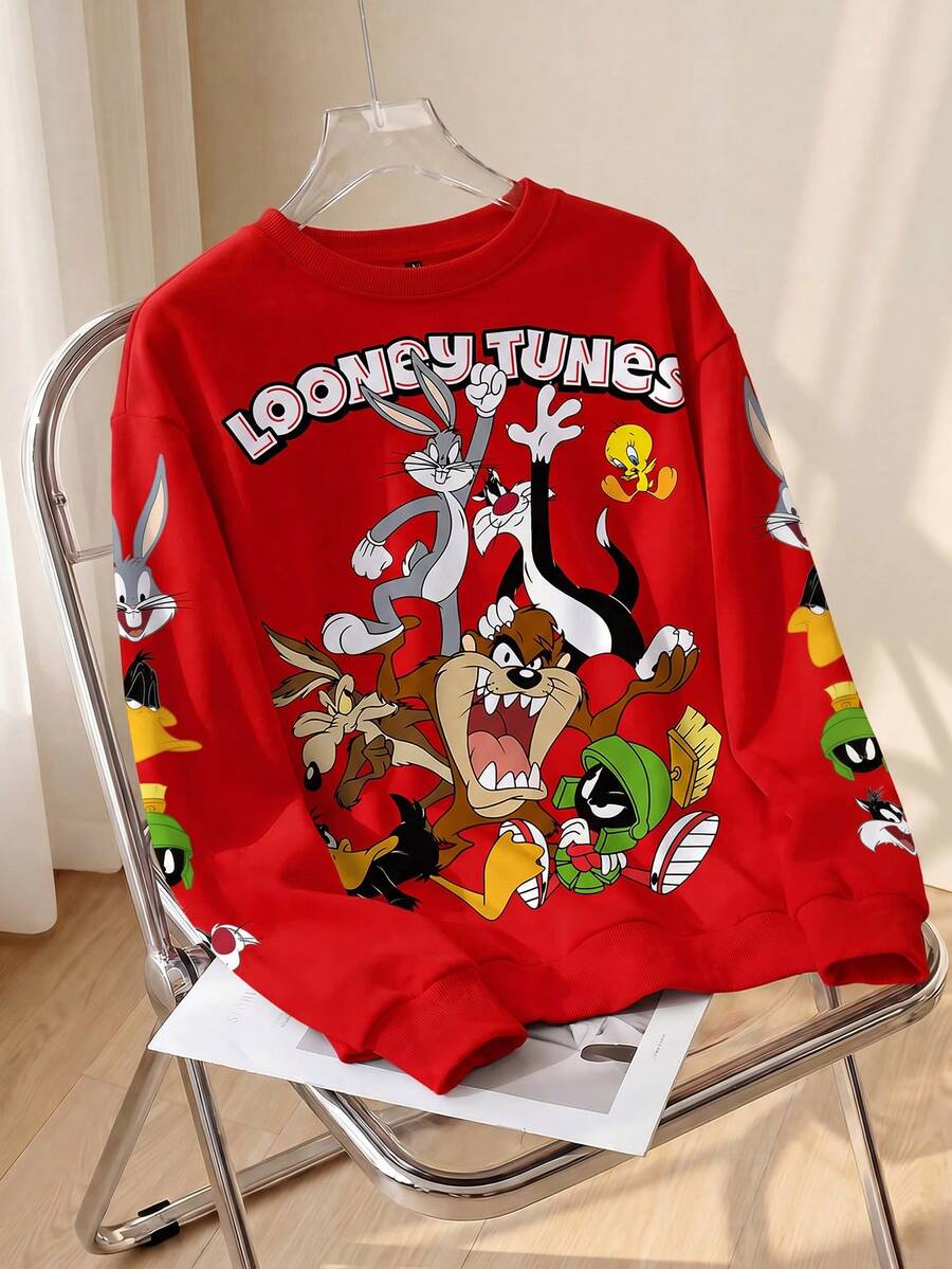LOONEY TUNES X SHEIN 男士圆领长袖舒适休闲卡通字母印花套头衫,秋冬 - 白色 - 查看 1