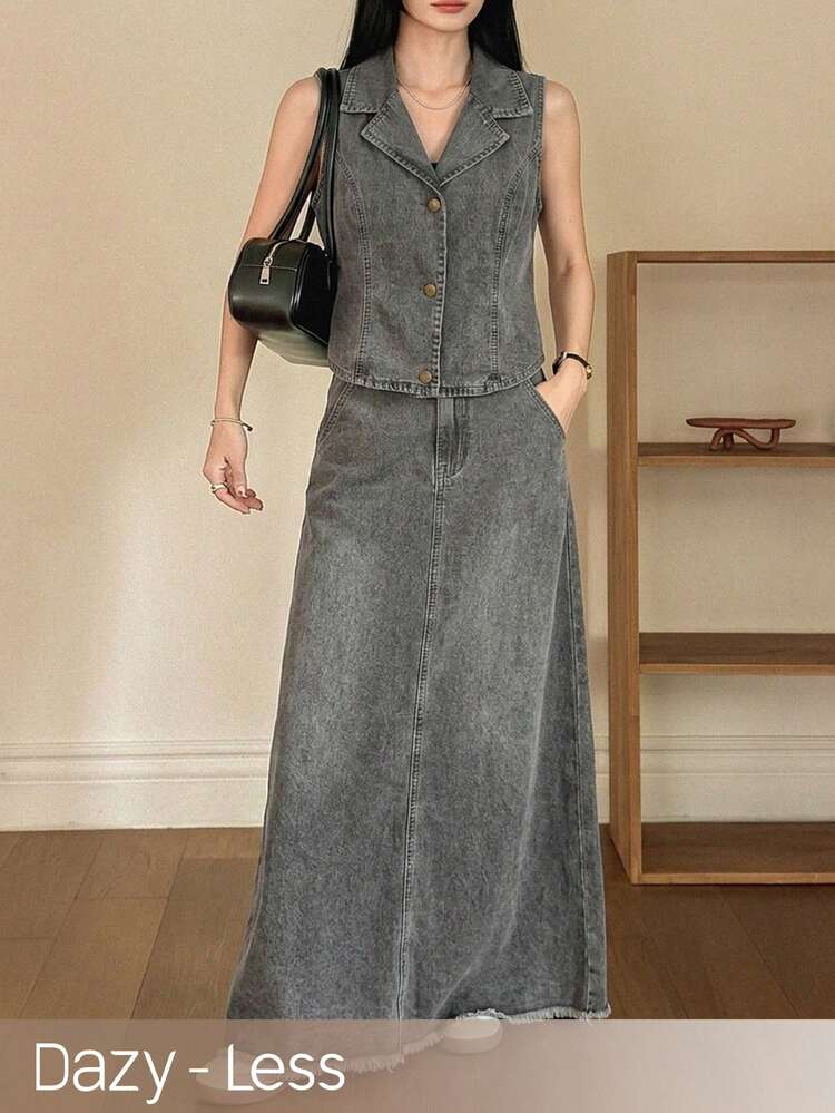 Women's Single-Breasted Lapel NeckVest And Denim Skirt Casual 2 Pieces Set, Spring/Summer