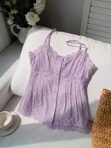 Comfortcana Áo blouse nữ dây mảnh cài nút viền ren xếp ly - Màu tím hoa cà - Xem 4