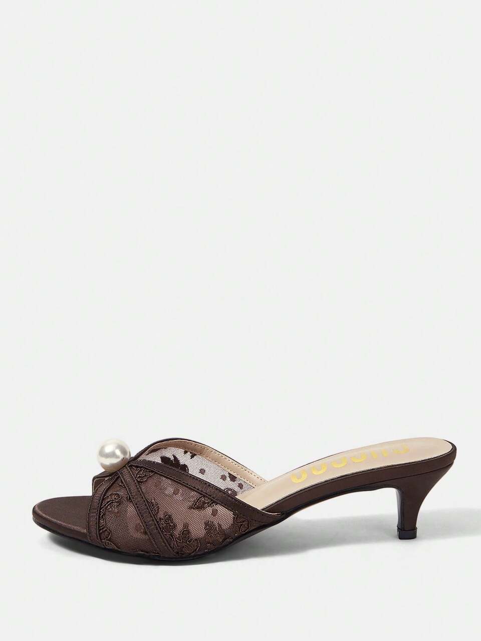 CUCCOO HITCHD Women Shoes Round Toe Thin Medium Heel Brown Lace Mesh Pearl Elegant Fairy Style Wedding Banquet Ladies High Heel Sandals Open Toe Sandals Slippers Kitten Heels