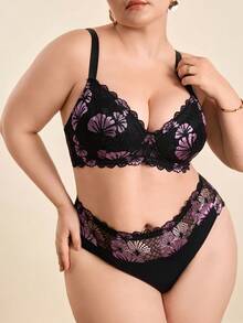 Hourtrue Plus Size Women 2pcs Romantic Lace Bra Set, Simple Casual Bra + Panty Set, Lift - Multicolor - View 1