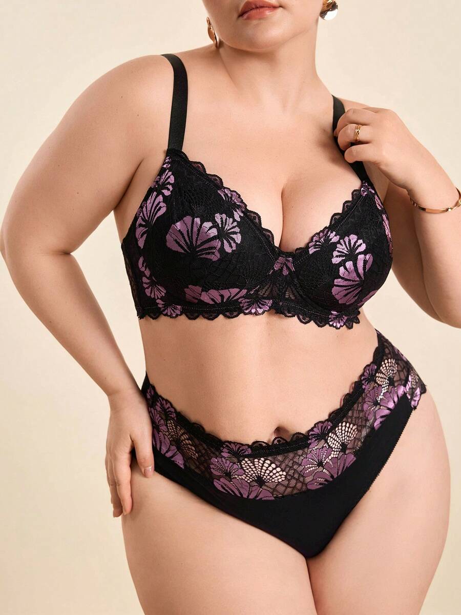 Hourtrue Plus Size Women 2pcs Romantic Lace Bra Set, Simple Casual Bra + Panty Set, Lift - Multicolor - View 1