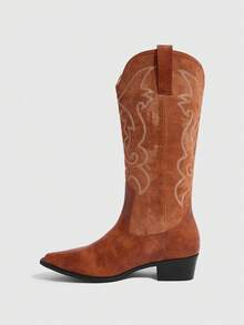 Daringsoles Women's Pointed Toe Contrast Color Embroidered Western Boots, Slip-On Sexy Casual Riding Boots Fall Shoes - Brown - View 4