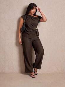 Elaquor Plus Size Women's Elegant Brown Autumn Curve Cocktail Outfit,Asymmetrical Neck Metal Ruched Top And Wide Leg Pants 2-Piece Set,Commuting Vacation - Brown - View 2