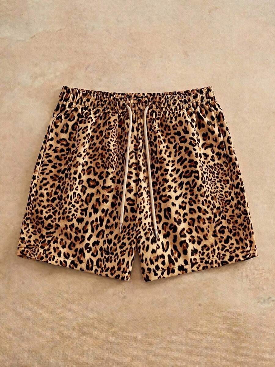 HIMLAND Pantalones cortos holgados para hombre con estampado geométrico y cintura con cordón - Café integral - Ver 1