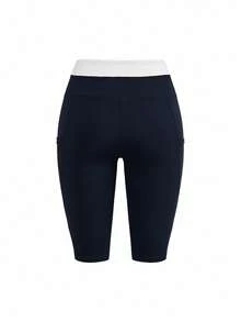 SHEIN Cheerettes Contrast Waistband Seamless Athletic Leggings - Navy Blue - View 9
