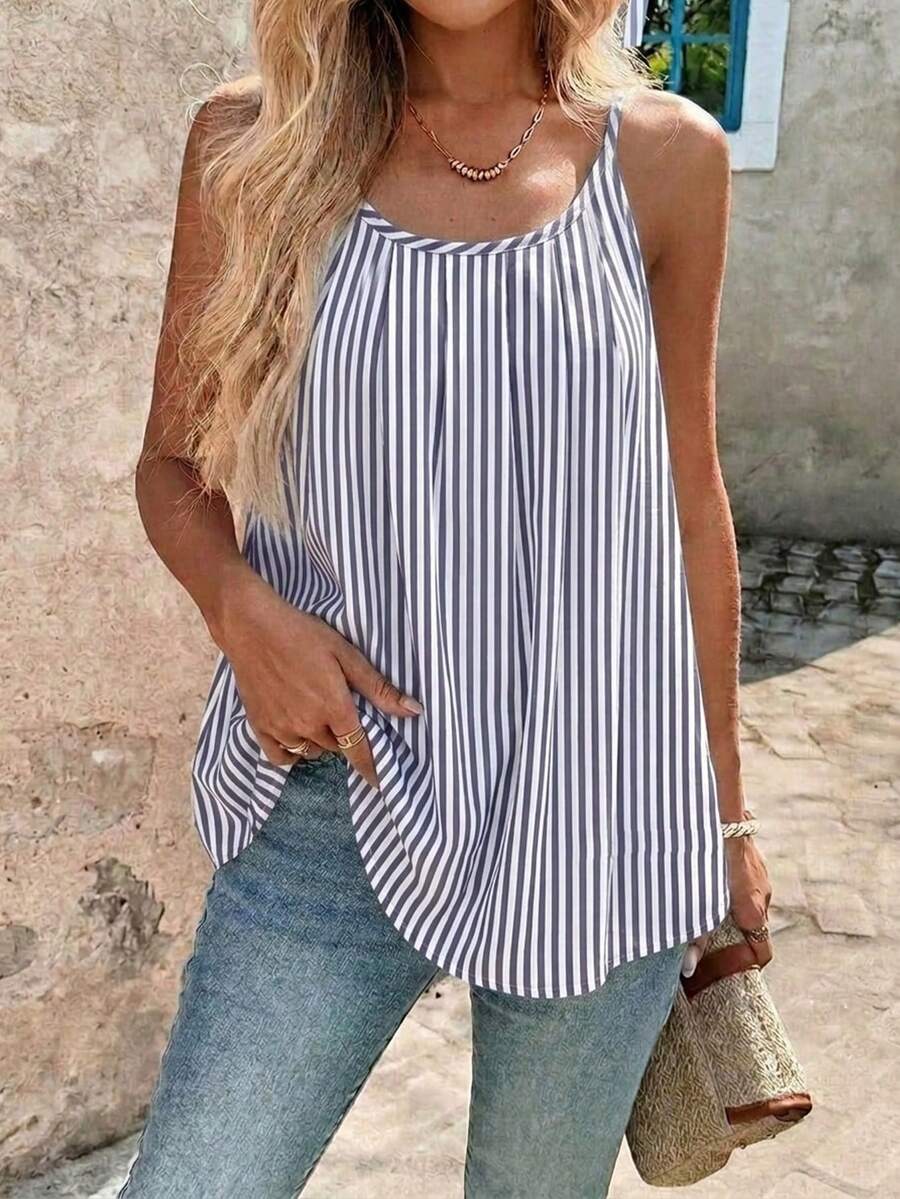 SHEIN Clasi 女款度假休閒條紋細肩帶背心 - 藍色 - 查看 1