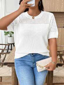 EMERY ROSE Plus Size Casual Hollow Out Round Neck Short Sleeve Top Going Out Tops - White - View 5