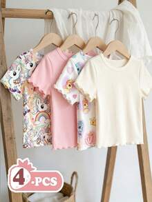 [4 Potong] Set Kaos Lengan Pendek Motif Unicorn Lucu untuk Bayi Perempuan, Gaya Kasual, Sekolah / Jalan-jalan, Musim Panas / Musim Semi & Musim Gugur. - MultiWarna - View 5