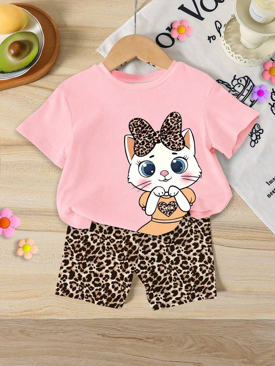 Summer Baby Girl Casual Multi-Piece Set, Brown & Apricot Leopard Print Cartoon Rabbit Pattern, Round Neck Short Sleeve T-Shirt & Shorts - Multicolor - View 1