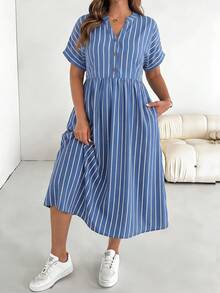 SHEIN Essnce 大尺碼夏季休閒條紋洋裝 - 淺藍色 - 查看 5