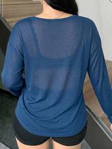 Dazy Plus Camiseta de manga larga con cuello amplio y apertura frontal parcial, unicolor, primavera/verano - Neblina azul - Ver 4