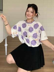 Dazy Plus Plus Size Colorblock Patchwork Striped Round Neck Loose Short Sleeve Pink Spring Summer T-Shirt Graphic Tee - Purple - View 8