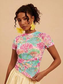 Travachic 2026 Spring/Summer New Women's Slim Fit Printed Short Sleeve Mesh Sheer Ruched Cool Top, Suitable For Vacation/Casual Wear In Various Relaxing Occasions - Multicolor - View 5
