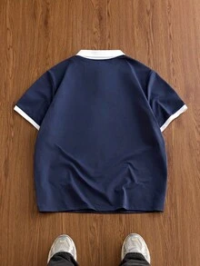 EASEVO Men's Plus Size Summer Casual Colorblock Patchwork POLO Shirt Golf Navy Blue And White - Navy Blue - View 2