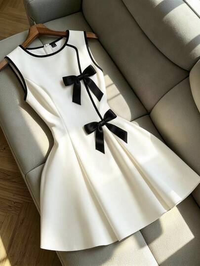 SHEIN Franclia Đầm nữ dáng chữ A cổ tròn không tay màu trơn phối viền tương phản đính nơ trang trí thanh lịch cho mùa hè, phù hợp đi học, dã ngoại cuối tuần, tụ tập bạn bè, phong cách tươi trẻ ngọt ngào thường ngày, đi nghỉ dưỡng, dự tiệc, đi làm, hẹn hò, ăn tối và mặc hàng ngày, phong cách Pháp lãng mạn thanh lịch. Đầm đen trắng đính nơ Pháp cho mùa xuân/hè, đầm phối màu tương phản, đầm đen, đầm trắng, đầm đi biển, đầm chui đầu, đầm nghỉ dưỡng, đầm thường ngày, đầm màu ngà, đầm trắng cổ điển