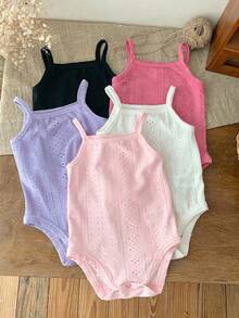 SHEIN LMoss Kids Newborn Baby Girl Summer Cute Knit Solid Color Strap Camisole 5pcs/Set - Hot Pink - View 6