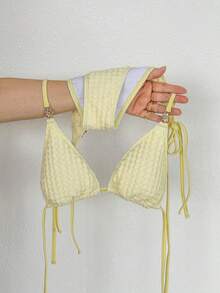 Swim Mod 2026 Spring/Summer Cream Yellow Textured Fabric Gold Flower Decor Halter Neck Side High Cut Tie String Thong Bikini Swimsuit 2-Piece Set For Women - Yellow - View 2