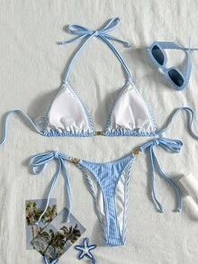 Swim Mod 女款兩件式分開式比基尼套裝，熱帶可愛多色條紋與海洋印花掛脖綁帶上衣，側綁三角泳褲，熱門海灘度假休閒優雅情人節派對假日海灘裝 - 彩色 - 查看 2