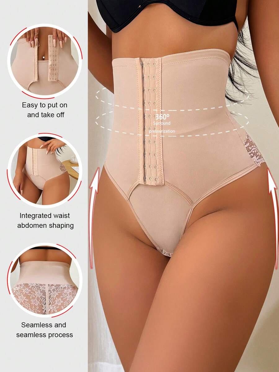 SHEIN Pantalones de control abdominal con encaje de unicolor para mujer - Albaricoque - Ver 1