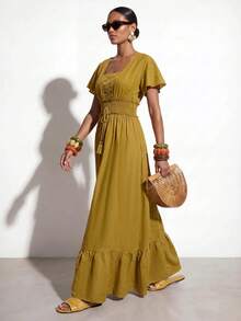Zivah Summer Boho Vacation Mustard Yellow V-Neck Lace-Trimmed Multi-Layered Ruffled Halter Women Long Dress Suitable For Everyday Music Festivals Picnic - Mustard Yellow - View 2