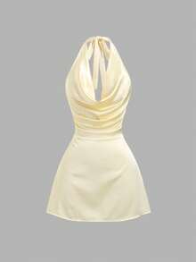 Sweetra Women's New Fashion Versatile Cream Satin Glossy Halter Neck Deep V Pleated Cinched Waist Backless High-End Short Dress - Light Yellow - View 1
