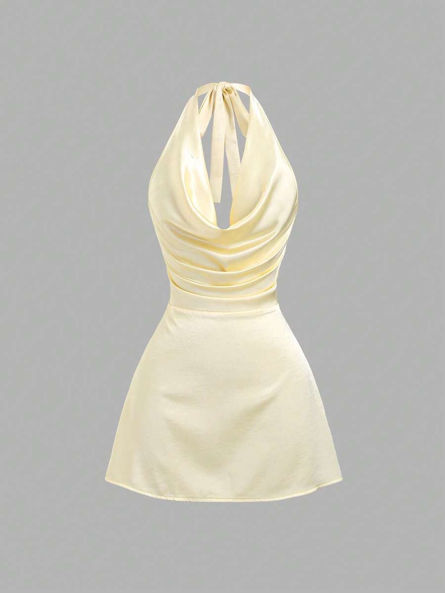Sweetra Women's New Fashion Versatile Cream Satin Glossy Halter Neck Deep V Pleated Cinched Waist Backless High-End Short Dress - Light Yellow - View 1