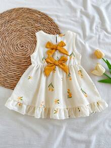 SHEIN Vintaside Kids 女嬰3個月-3歲洋裝，1件休閒可愛日常風格秋季女童套裝，棕色蝴蝶結裝飾無袖蓬蓬洋裝 - 黃色 - 查看 4