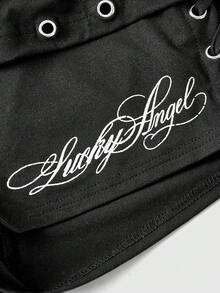 ROMWE Grunge Punk Summer Punk Metal Eyelet Slogan Print Fold-Over Waist Tie-Up Design Tight Super Low-Rise Mini Shorts - Black - View 3