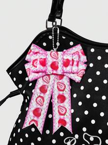 ROMWE Kawaii 1Pc Brown Cute Strawberry Bow Pendant Y2K Retro Polka Dot Letter Embroidery Badge Flower Print Women's Tote Bag, Large Capacity Women's Shoulder Bag - Black polka dot - View 3