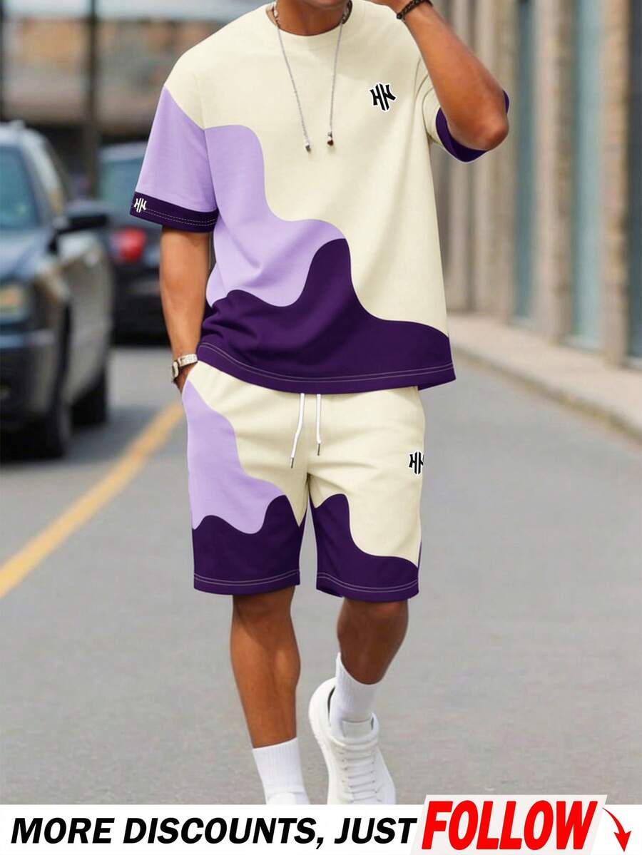 Sorvial Setelan Kaos Lengan Pendek Pria Kasual dengan Cetakan Huruf dan Warna Kontras serta Celana Pendek dengan Tali Pinggang, Modis untuk Liburan & Perjalanan Sehari-hari, Musim Panas, dan Hari Raya. - Purple - View 1