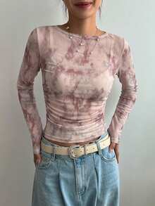 DAZY Summer Autumn Pink Gradient Lace T-Shirt, Wedding Night Out Banquet Slim Fit Elegant Y2k Sheer Mesh Long Sleeve Women's Blouse Graphic Tee - Pink - View 3
