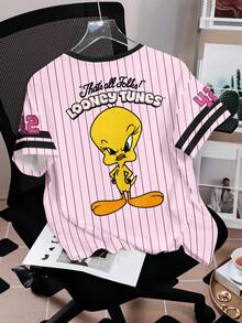 LOONEY TUNES X SHEIN 女士休闲条纹卡通图案圆领短袖T恤，夏季 - 白色 - 查看 4