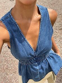 DAZY Blusa vaquera de mujer con cuello en V, tirantes anchos y volantes, adecuada para primavera y verano - Azul - Ver 6