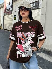 LOONEY TUNES X SHEIN Plus Size Summer Casual Letter & Rabbit Print Round Neck Short Sleeve T-Shirt - White - View 3