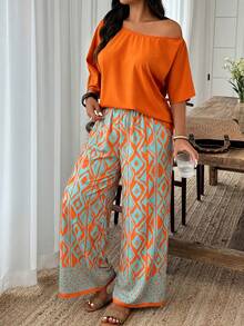 Weeklong Plus Size Orange Off-Shoulder Loose Top & Geometric Print Wide Leg Pants Set, Casual Resort Style For Spring Summer Fall - Multicolor - View 1