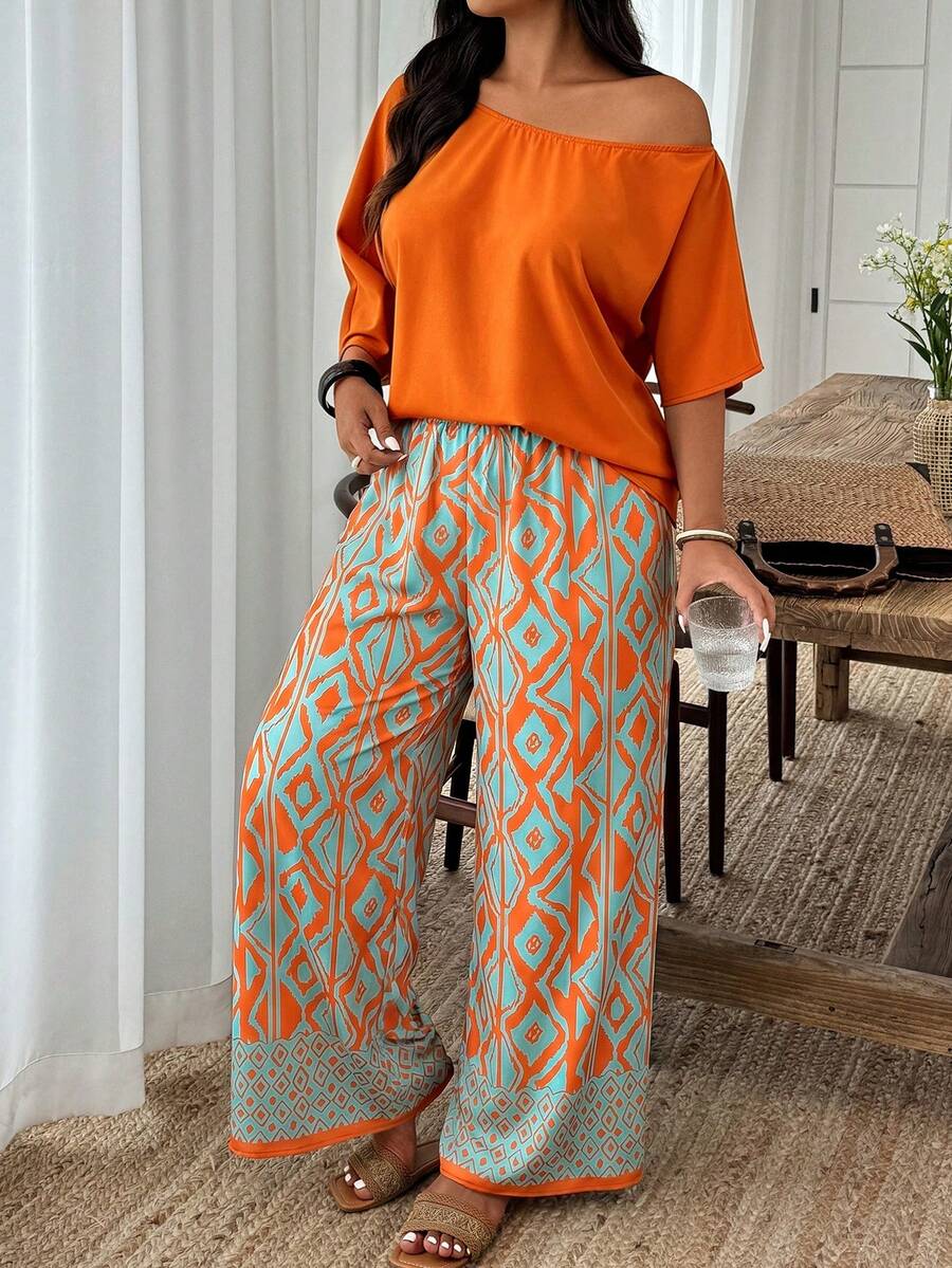 Weeklong Plus Size Orange Off-Shoulder Loose Top & Geometric Print Wide Leg Pants Set, Casual Resort Style For Spring Summer Fall - Multicolor - View 1