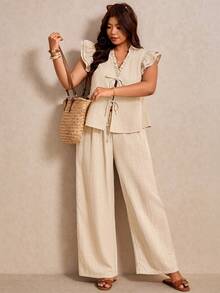 Elaquor Plus Size Women's Ruffle Trim Front Tie Small Flutter Sleeve Blouse And Wide Leg Pants Casual 2 Pieces Set Casual Summer Vacation Daily Two Pieces Set - Apricot - View 3