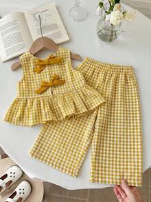 SHEIN 女嬰編織格紋圓領無袖上衣與寬鬆休閒長褲 2 件套裝 - 黃色 - 查看 1