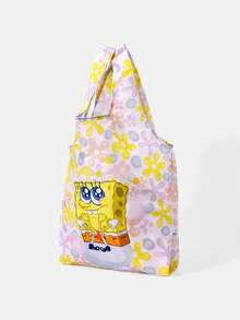 SpongeBob SquarePants | SHEIN 卡通印花可折疊購物袋，輕量防水大容量收納袋，適用於超市採購、短途旅行、日常通勤 - 珊瑚 - 查看 5