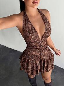 SHEIN SXY 女款掛脖全印花百褶時尚約會派對迷你洋裝 - 棕色 - 查看 7