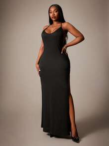 SHEIN SXY Robe sexy grande taille pour femme, couleur unie, dos nu, fente latérale à l'ourlet, col licou - Noir - Voir 5