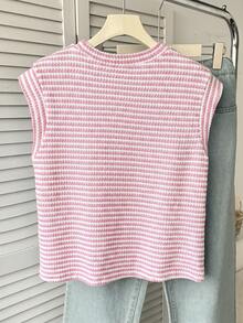 SHEIN 青少年女孩背心上衣與吊帶衫 針織提花條紋圓領上衣 - 粉色 - 查看 2