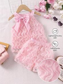 SHEIN 度假季 4-7 歲女童 2 件組 吊脖短褲套裝 扶桑花海灘夏季時尚款 - 粉色 - 查看 9